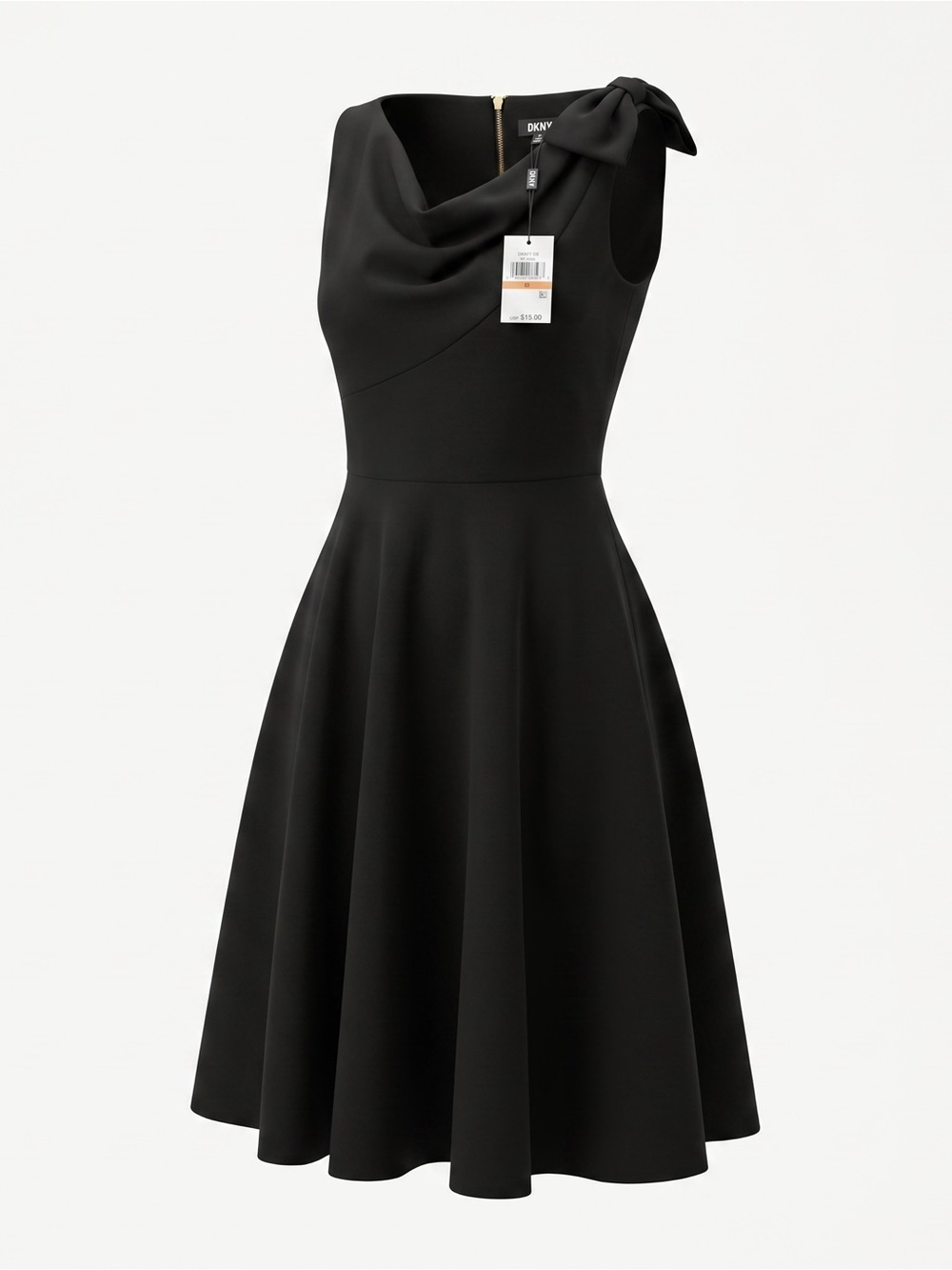 DKNY NWT Size 2 Black Fit & Flare Midi Dress Draped Neck